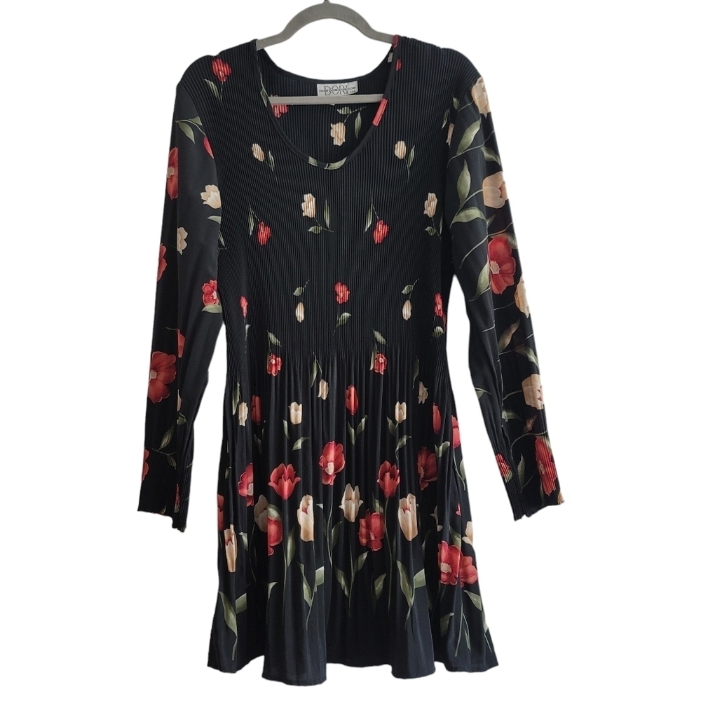 VTG Dori USA Women Small Black Floral Accordion Long Sleeve Knee Length Dress